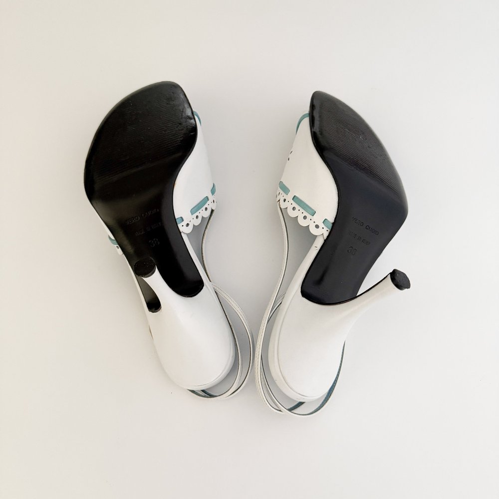 Dolce & Gabbana White & Blue Floral Eyelet Bow Sandal Kitten